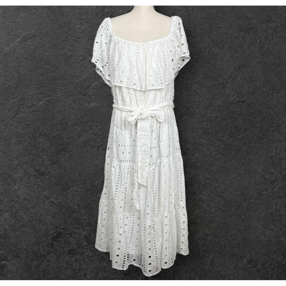 White Eyelet Peasant Off Shoulder Midi Dress Womens 3X Tiered Sash Feminine NWOT - Picture 2 of 8